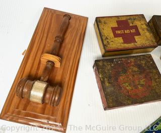 Retro "Candlestick" Rotary Phone, Metal Tins, Staplers, Two Gavels on Boards and Christmas Ephemera 