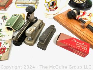 Retro "Candlestick" Rotary Phone, Metal Tins, Staplers, Two Gavels on Boards and Christmas Ephemera 