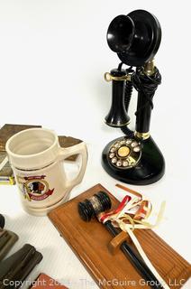 Retro "Candlestick" Rotary Phone, Metal Tins, Staplers, Two Gavels on Boards and Christmas Ephemera 