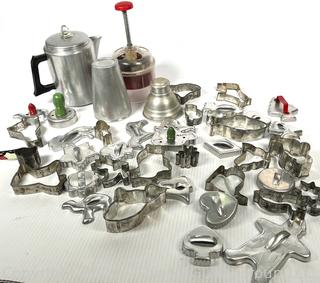 Collection of Cookie Cutters, Hand Chopper, Stove Top Coffee Pot and Cocktail Shaker