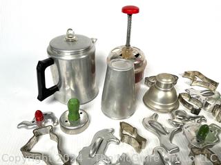 Collection of Cookie Cutters, Hand Chopper, Stove Top Coffee Pot and Cocktail Shaker