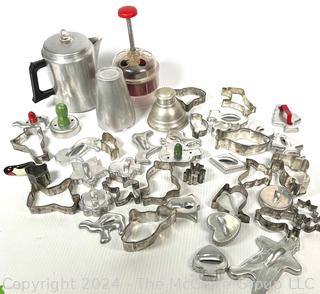 Collection of Cookie Cutters, Hand Chopper, Stove Top Coffee Pot and Cocktail Shaker