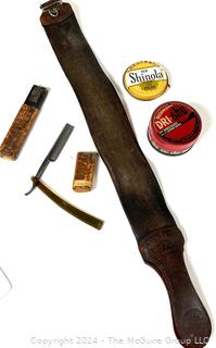 Sunasak's Dry Hone Leather Razor Strap  and Straight Razor. Two Shoe Polish Tins