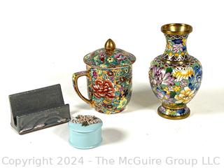 Cloisonne Vase & Covered Mug, Porcelain Dish and Pottery Card Holder.  