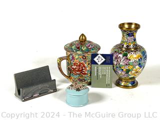 Cloisonne Vase & Covered Mug, Porcelain Dish and Pottery Card Holder.  