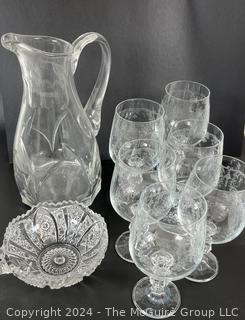 Clear Crystal Glassware Including Goblets and Water Pitcher