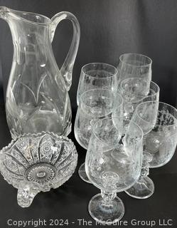 Clear Crystal Glassware Including Goblets and Water Pitcher