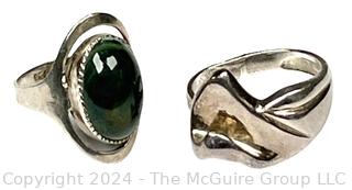 Two (2) Sterling Silver Rings, One with Green Polished Stone Center.