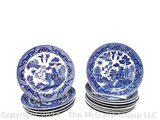 Set of Thirteen (13) Vintage Blue Willow Porcelain 6 1/2" Plates, Made in Japan.  