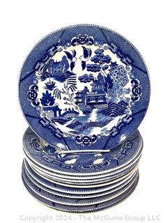 Set of Eleven (11) Vintage Blue Willow Porcelain 8" Plates, Made in Japan.  