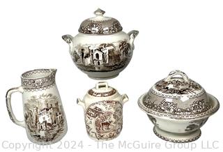 Four (4) Brown Mason's Porcelain Ironstone Transferware Serving Pieces 