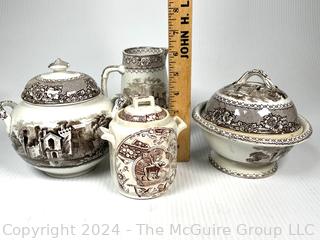 Four (4) Brown Mason's Porcelain Ironstone Transferware Serving Pieces 