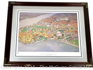 Framed Under Glass "Upon The Fields of Friendly Strife" Signed Numbered Print by Vladimir Ribachok with Overhead View of West Point Military Academy.  28" x 33"