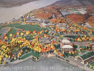 Framed Under Glass "Upon The Fields of Friendly Strife" Signed Numbered Print by Vladimir Ribachok with Overhead View of West Point Military Academy.  28" x 33"