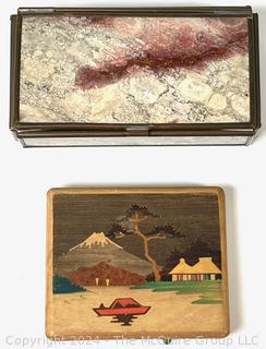 Stone Jewelry Box Made in Mexico and Inlaid Wood Cigarette Case Made in Japan