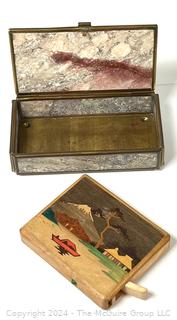 Stone Jewelry Box Made in Mexico and Inlaid Wood Cigarette Case Made in Japan