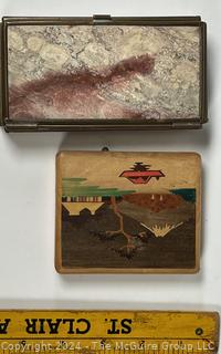 Stone Jewelry Box Made in Mexico and Inlaid Wood Cigarette Case Made in Japan