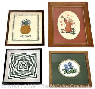 Four (4) Framed Cross Stitch and Embroidered Scenes