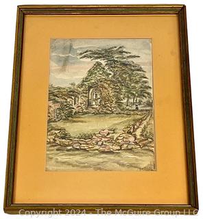 Framed Under Glass Watercolor of Landscape Signed By Artist.  Damage to Frame. 11" x 15"