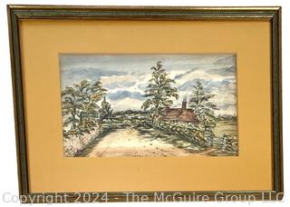 Framed Under Glass Watercolor of Landscape Signed By Artist.  Damage to Frame. 11" x 15"