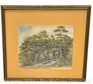 Framed Under Glass Watercolor of Garden Signed By Artist.  Damage to Frame. 11" x 15"