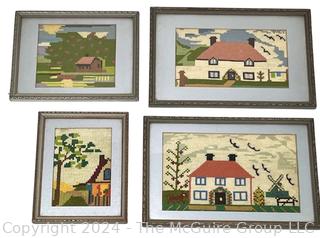 Four (4) Framed Under Glass Bucolic Home Scenes in Needlepoint 