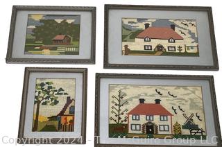 Four (4) Framed Under Glass Bucolic Home Scenes in Needlepoint 