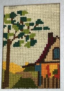 Four (4) Framed Under Glass Bucolic Home Scenes in Needlepoint 