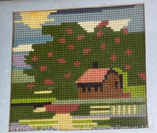 Four (4) Framed Under Glass Bucolic Home Scenes in Needlepoint 