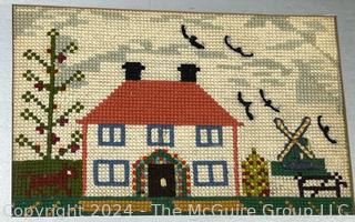 Four (4) Framed Under Glass Bucolic Home Scenes in Needlepoint 