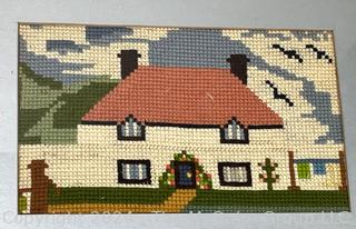 Four (4) Framed Under Glass Bucolic Home Scenes in Needlepoint 