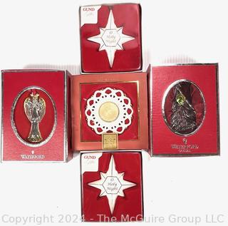 Five (5) Christmas Ornaments in Boxes Including Waterford and Gund