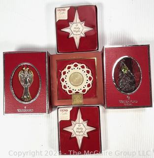 Five (5) Christmas Ornaments in Boxes Including Waterford and Gund