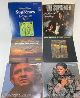 Six (6) Vinyl LP Records: The Supremes, Dionne Warwick, Arlo Guthrie  & Johnny Cash