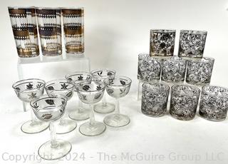 Three (3) Sets of Mid Century Gilt Accent Barware Glasses