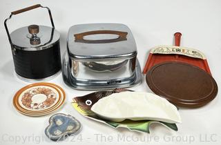 Group of Housewares Including Ice Bucket and Chrome Cake Cover.