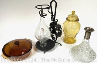 Wrought Iron Wine Dispenser, Corning Ware Lidded Casserole, Lidded Glass Jar