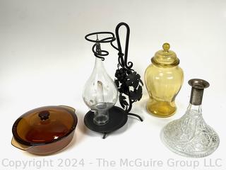 Wrought Iron Wine Dispenser, Corning Ware Lidded Casserole, Lidded Glass Jar