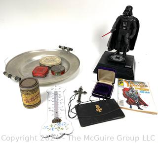 1996 Darth Vadr Talking Bank, Comic Book (Spanish), Crucifix, Thermometer, Vintage Tins