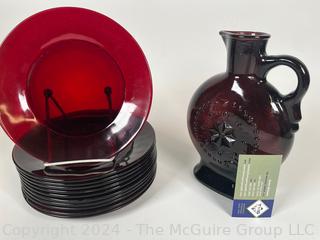 Ruby Red Glass Luncheon Plates and Water Pitcher