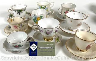 Nine (9) Porcelain Teacups and Saucers, Mixed Patterns