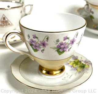 Nine (9) Porcelain Teacups and Saucers, Mixed Patterns