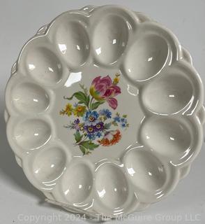 Two (2) Porcelain Hand Painted Deviled Egg Plates, Serving Tray and Pitcher