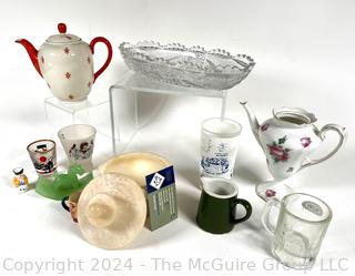 Group of Decorative Items Including Porcelain Teapots, Crystal Dish, and Toby Mug