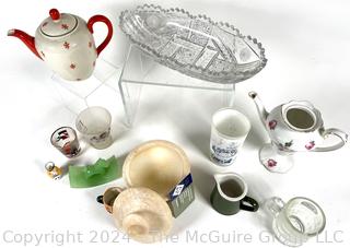 Group of Decorative Items Including Porcelain Teapots, Crystal Dish, and Toby Mug