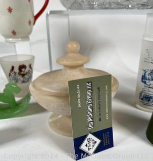 Group of Decorative Items Including Porcelain Teapots, Crystal Dish, and Toby Mug