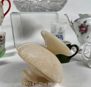 Group of Decorative Items Including Porcelain Teapots, Crystal Dish, and Toby Mug