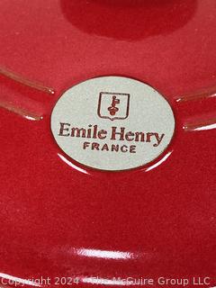 Red Emile Henry's Flame Casserole Dutch Oven.  11" diameter