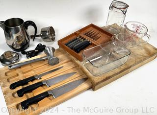 Farberware Coffee Pot, Henckels Knive Set, Arcos Steak Knives, Hand Mallet & Glassware