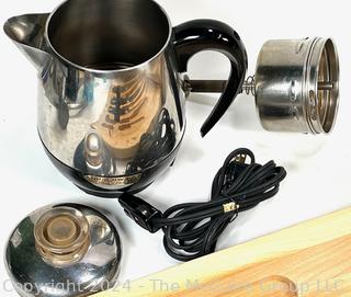 Farberware Coffee Pot, Henckels Knive Set, Arcos Steak Knives, Hand Mallet & Glassware